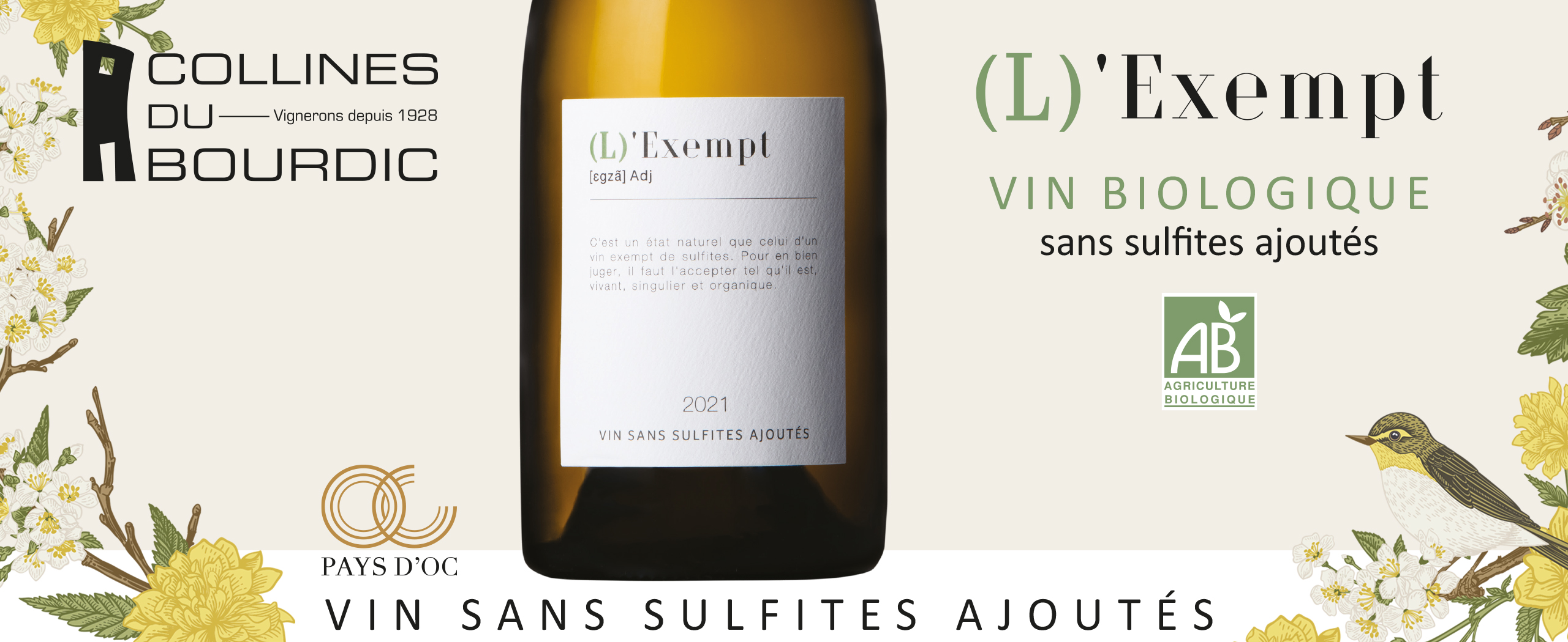 (L)'EXEMPT, vin blanc Bio et Sans Sulfite | Collines du Bourdic